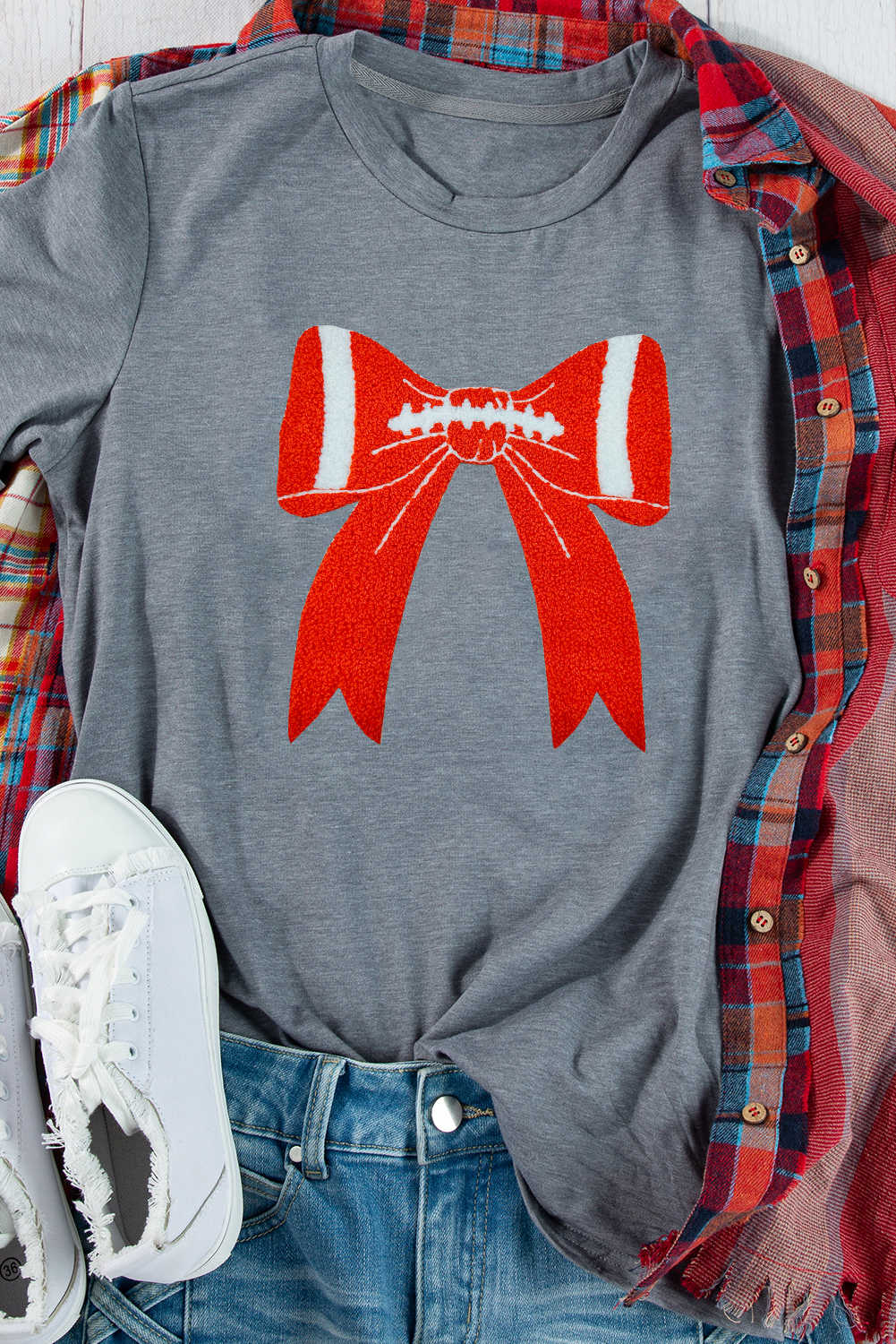 Gray Contrast Bowknot Game Day Terry Flocking Graphic Tee