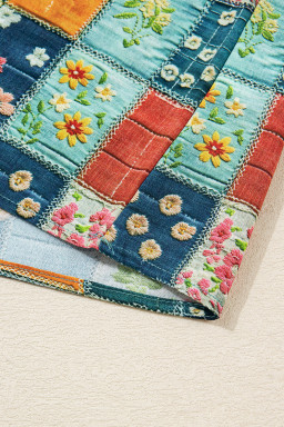 Sky Blue Floral Patchwork Collared V Neck Blouse