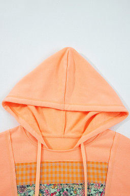 Grapefruit Orange Plaid Floral Patchwork Kangaroo Pocket Hooded Top