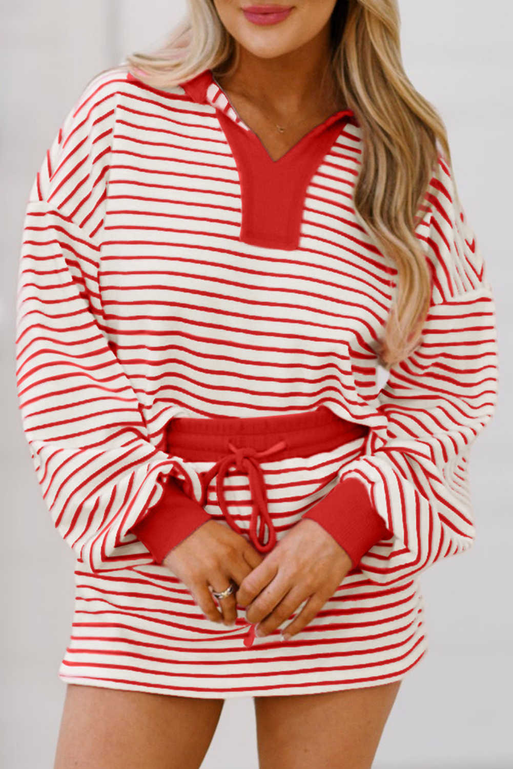 Red Stripe Collared V Neck Drop Shoulder Pullover and Skirt Set