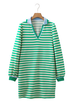Green Pop of Color V Neck Striped Long Sleeve Mini Dress