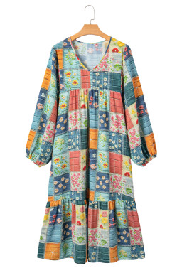 Sky Blue Floral Checkered Pattern Bubble Sleeve Ruffle Hem Dress