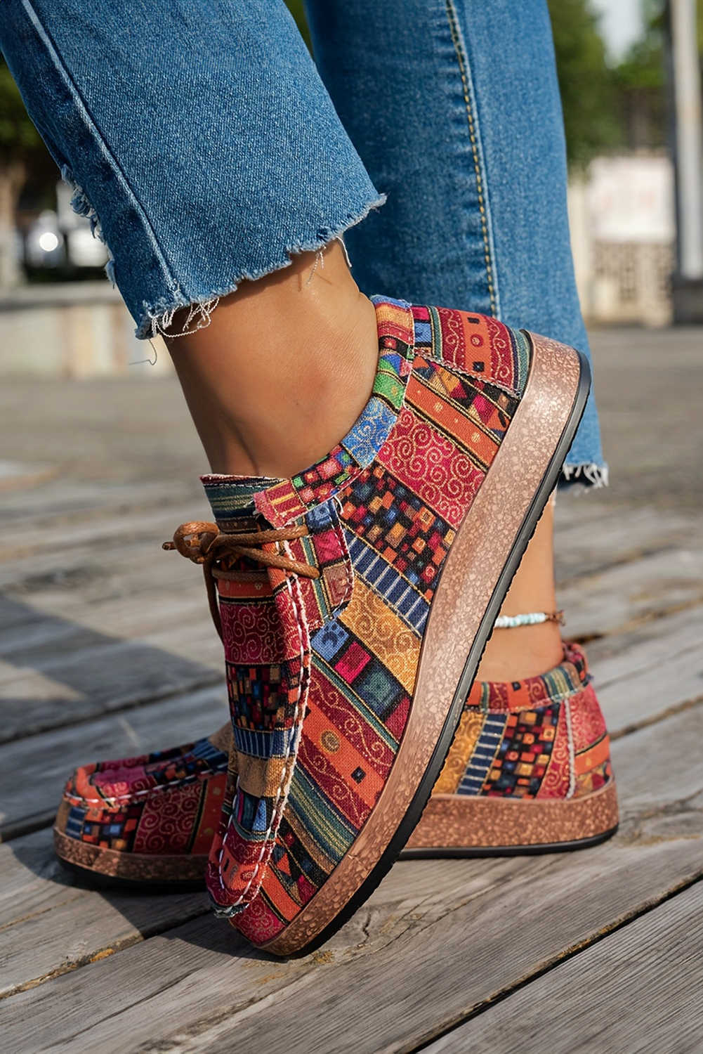 Racing Red Lightweight Boho Patchwork Lace Up Shoes