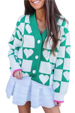 Sea Green Plaid Heart Knit V Neck Button Down Sweater Cardigan