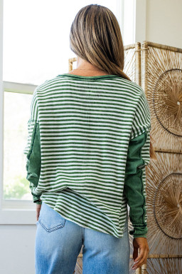 Green Striped Patchwork Knit Drop Shoulder Top