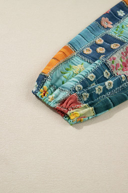 Sky Blue Floral Checkered Pattern Bubble Sleeve Ruffle Hem Dress