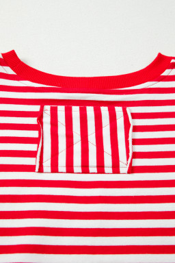 Red Striped Exposed Seam Drop Shoulder Long Sleeve Top