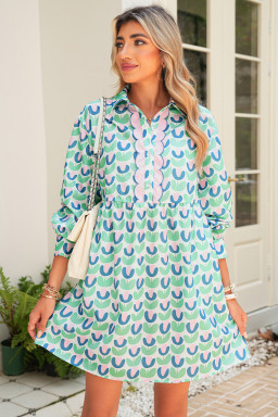 Green Floral Print Scallop Trim Pocket Mini Dress