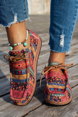 Racing Red Lightweight Boho Patchwork Lace Up Shoes