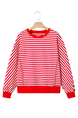 Red Striped Exposed Seam Drop Shoulder Long Sleeve Top