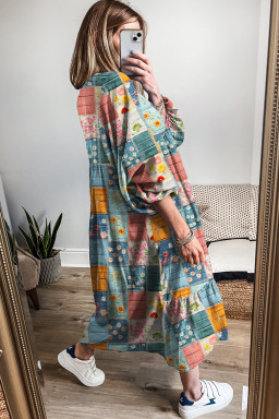 Sky Blue Floral Checkered Pattern Bubble Sleeve Ruffle Hem Dress