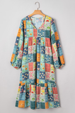 Sky Blue Floral Checkered Pattern Bubble Sleeve Ruffle Hem Dress