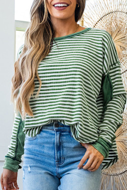Green Striped Patchwork Knit Drop Shoulder Top