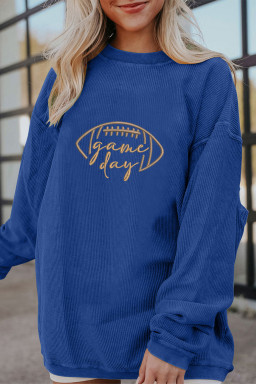 Dark Blue Football Embroidery Graphic Game Day Corded Sweatshirt