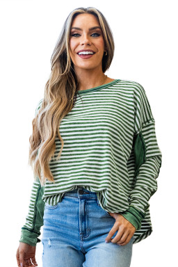 Green Striped Patchwork Knit Drop Shoulder Top