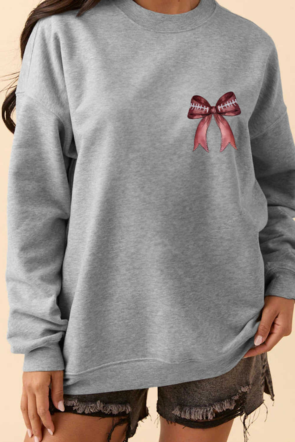 Gray Football Bow Heat Transfer Printing Pullover Sweatshirt