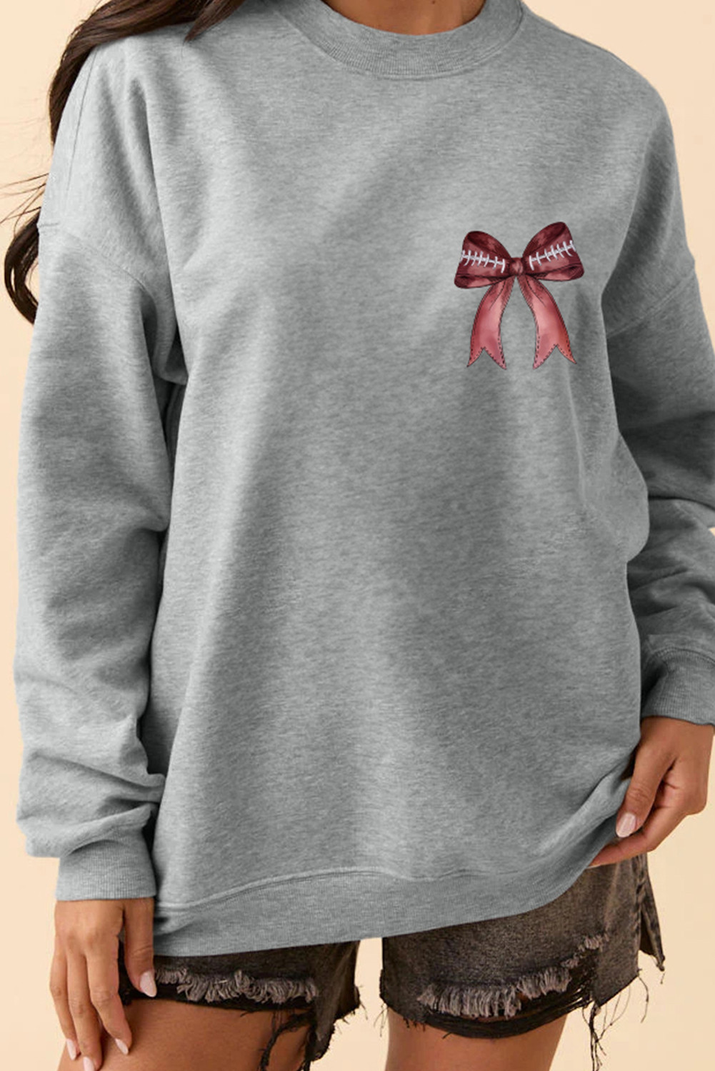 Gray Football Bow Heat Transfer Printing Pullover Sweatshirt