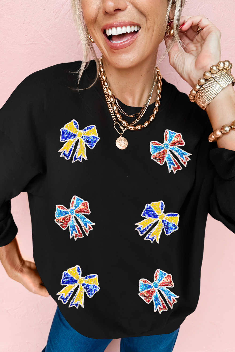 Black Shimmering Bow Sequins Patch Pattern Game Day Sweatshirt