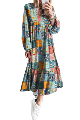 Sky Blue Floral Checkered Pattern Bubble Sleeve Ruffle Hem Dress