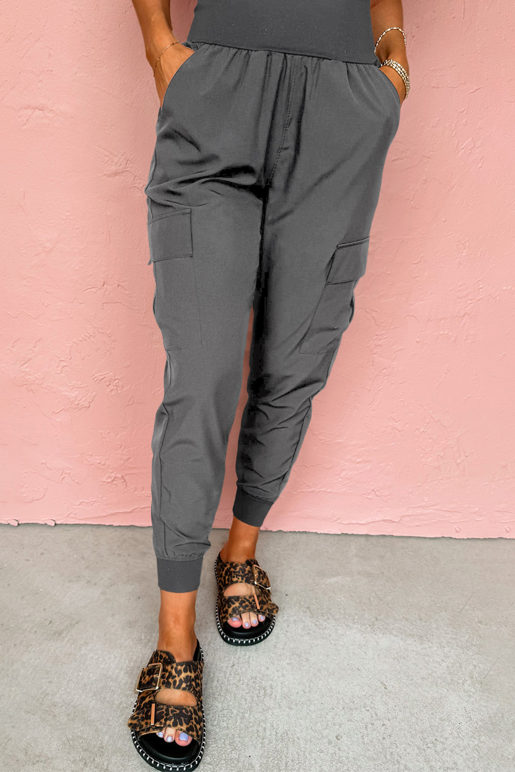 $12.87 Medium Grey Elastic High Waist Pocketed Cargo Jogger Pants ...