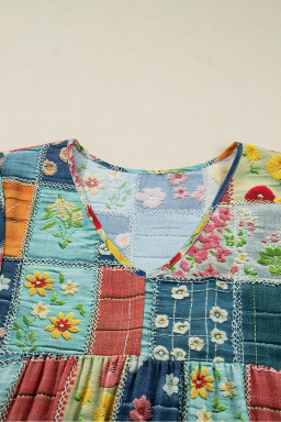 Sky Blue Floral Checkered Pattern Bubble Sleeve Ruffle Hem Dress