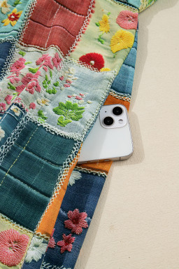 Sky Blue Floral Checkered Pattern Bubble Sleeve Ruffle Hem Dress