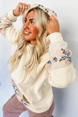 Beige Geometric Pattern Patchwork Hoodie