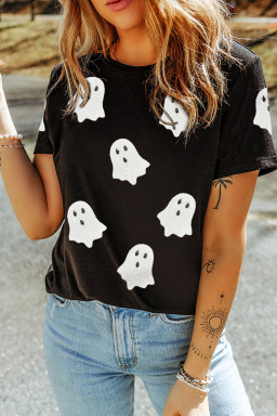 Black Halloween Ghost Sequins Patch Casual T Shirt