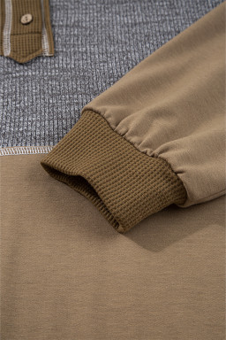 Jungle Green Mixed Texture Patchwork Exposed Seam Half Button Hooded Sweatshirt