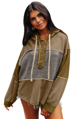 Jungle Green Mixed Texture Patchwork Exposed Seam Half Button Hooded Sweatshirt