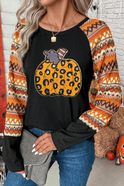 Orange Leopard Pumpkin Sequins Patch Contrast Long Sleeve Top