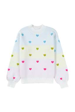 Multicolor Heart Pattern Colorblock High Neck Sweater