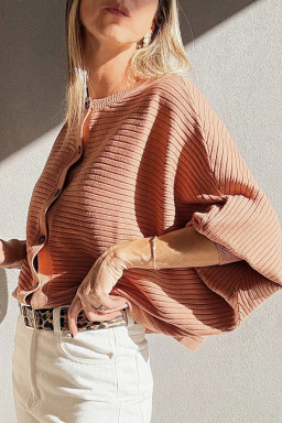 Apricot Pink Rib Knit Button Front Dolman Sleeve Cardigan