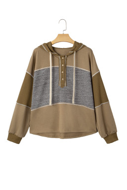 Jungle Green Mixed Texture Patchwork Exposed Seam Half Button Hooded Sweatshirt