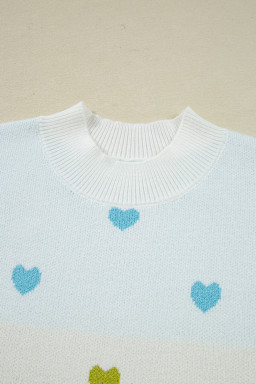 Multicolor Heart Pattern Colorblock High Neck Sweater