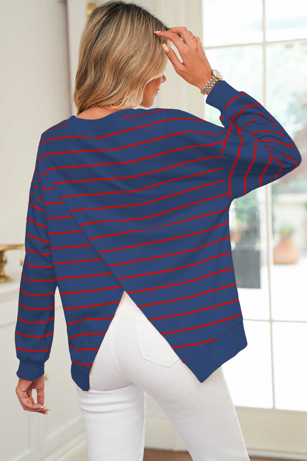 Blue Striped Overlap Detail Drop Shoulder Pullover Sweatshirt