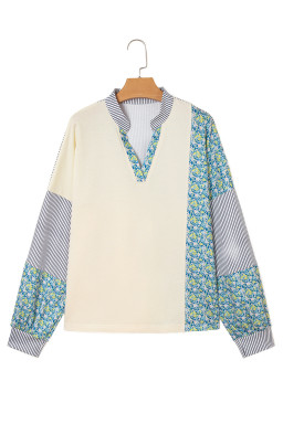 Beige Floral Striped Patchwork Drop Sleeve Boxy Fit Sweatshirt