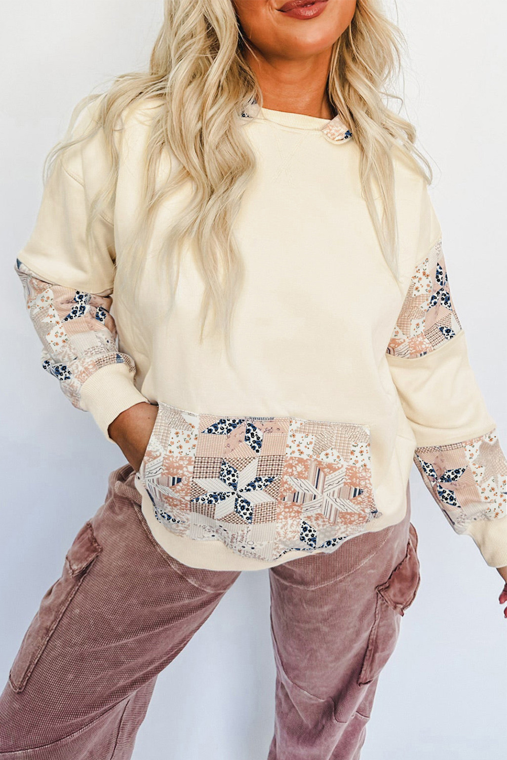 Beige Geometric Pattern Patchwork Hoodie