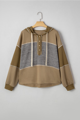 Jungle Green Mixed Texture Patchwork Exposed Seam Half Button Hooded Sweatshirt