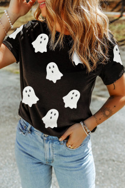 Black Halloween Ghost Sequins Patch Casual T Shirt