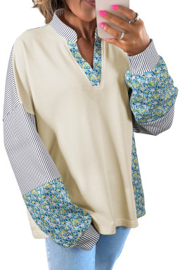 Beige Floral Striped Patchwork Drop Sleeve Boxy Fit Sweatshirt