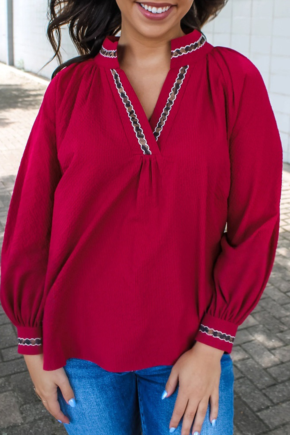 Racing Red Leopard Jacquard Print V Neck Textured Blouse