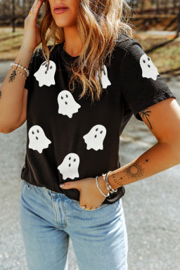 Black Halloween Ghost Sequins Patch Casual T Shirt
