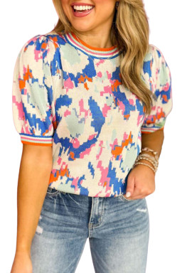 Apricot Abstract Pattern Contrast Striped Trim Short Sleeve Sweater