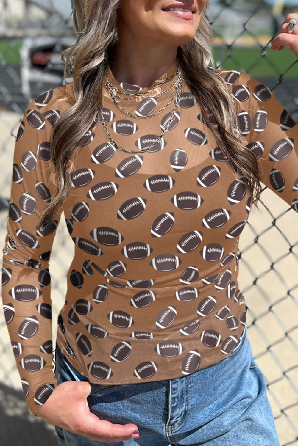 Brown Game Day Football Mesh Sheer Long Sleeve Top