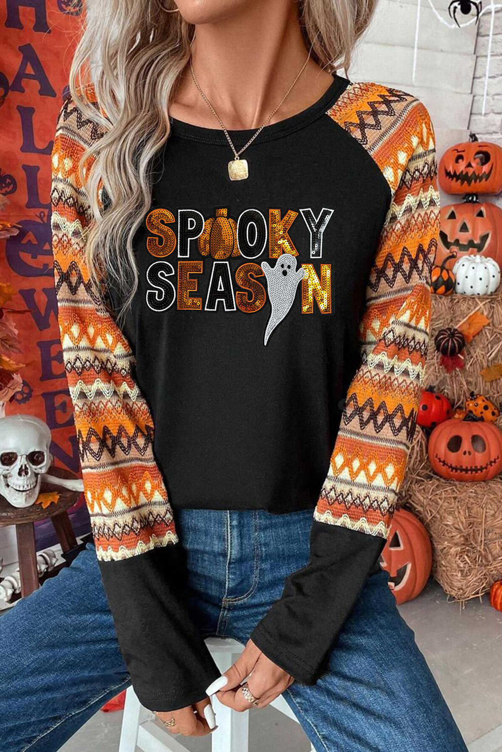 Orange SPOOKY SEASON Sequins Patch Contrast Long Sleeve Top