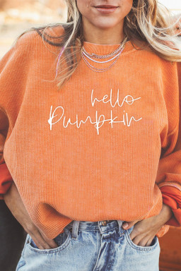 Orange hello pumpkin Letter Embroidered Ribbed Texture Baggy Sweatshirt