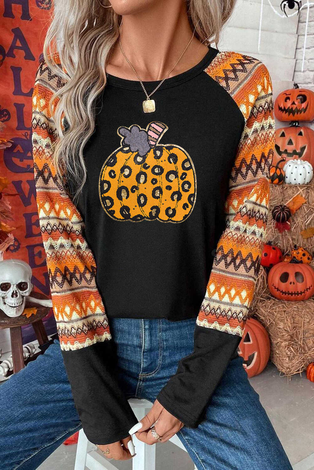 Orange Leopard Pumpkin Sequins Patch Contrast Long Sleeve Top