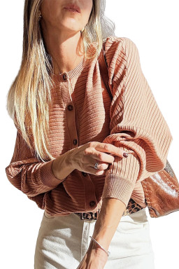 Apricot Pink Rib Knit Button Front Dolman Sleeve Cardigan