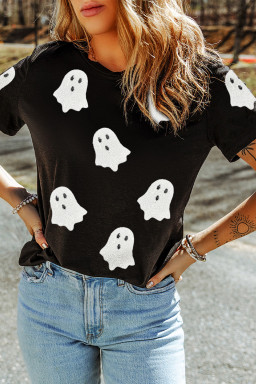 Black Halloween Ghost Sequins Patch Casual T Shirt